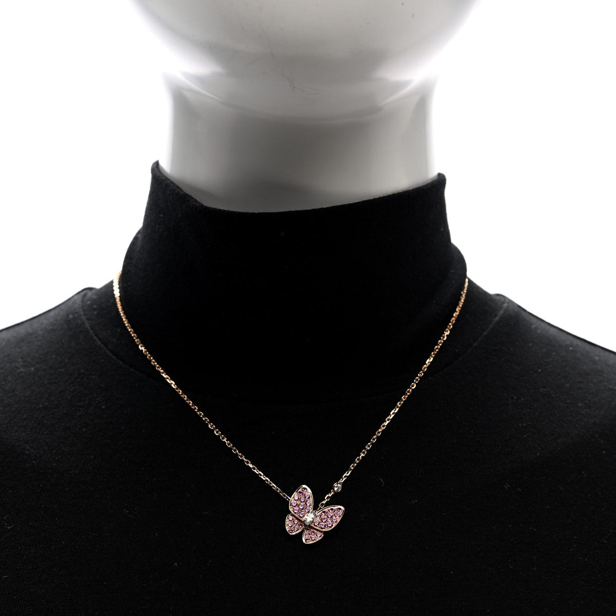 18K Rose Gold Diamond Pink Sapphire Two Butterfly Pendant Necklace