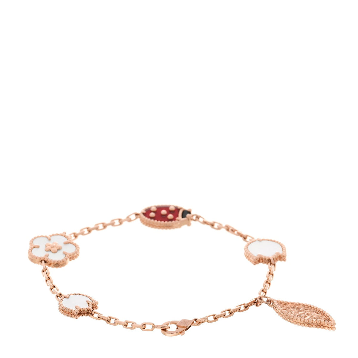 18K Rose Gold Carnelian Mother of Pearl Onyx 5 Motifs Lucky Spring Bracelet
