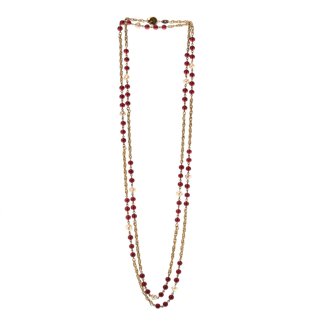 Beaded Pearl CC Long Strand Necklace Gold Red