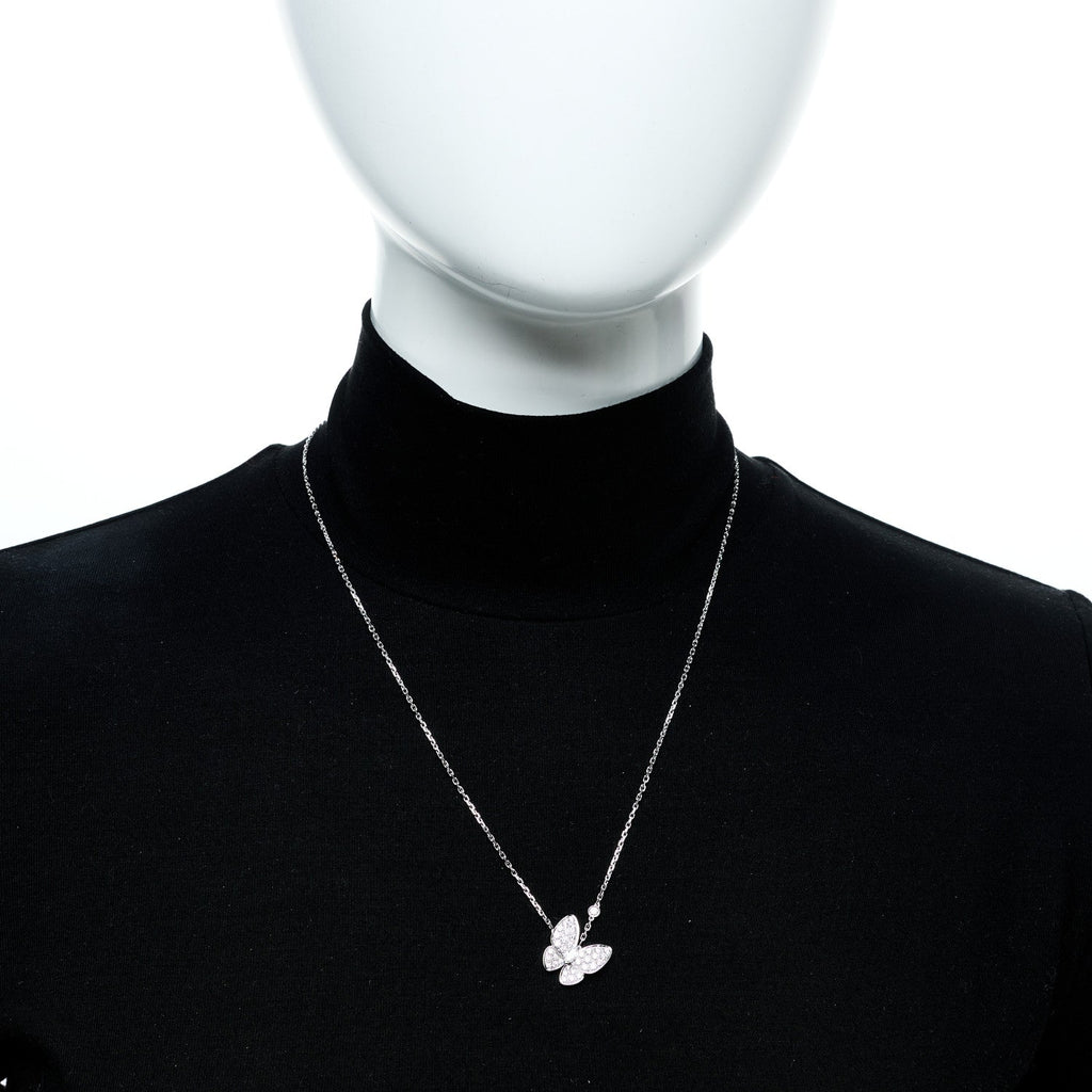 18K White Gold Diamond Two Butterfly Pendant Necklace