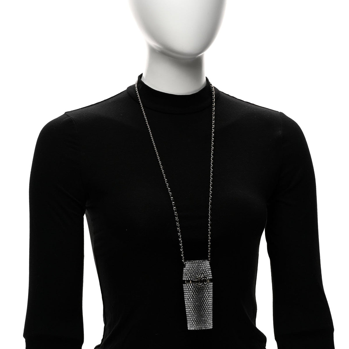 Metal Resin Lambskin Crystal Lipstick Case Long Necklace On Chain Silver Black Gold