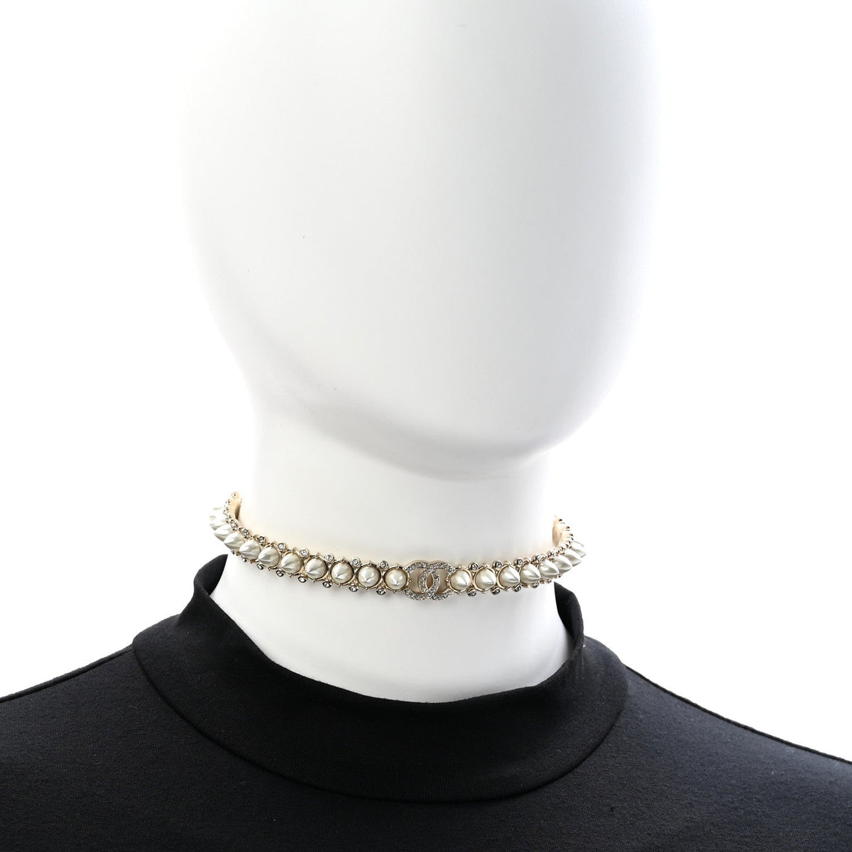 Strass Crystal Studded Pearl CC Choker Necklace Gold Pearly White