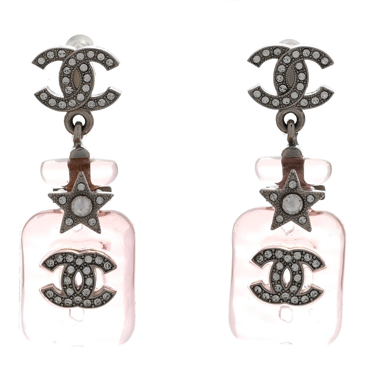 Resin Crystal CC Star Perfume Bottle Drop Earrings Silver Pink
