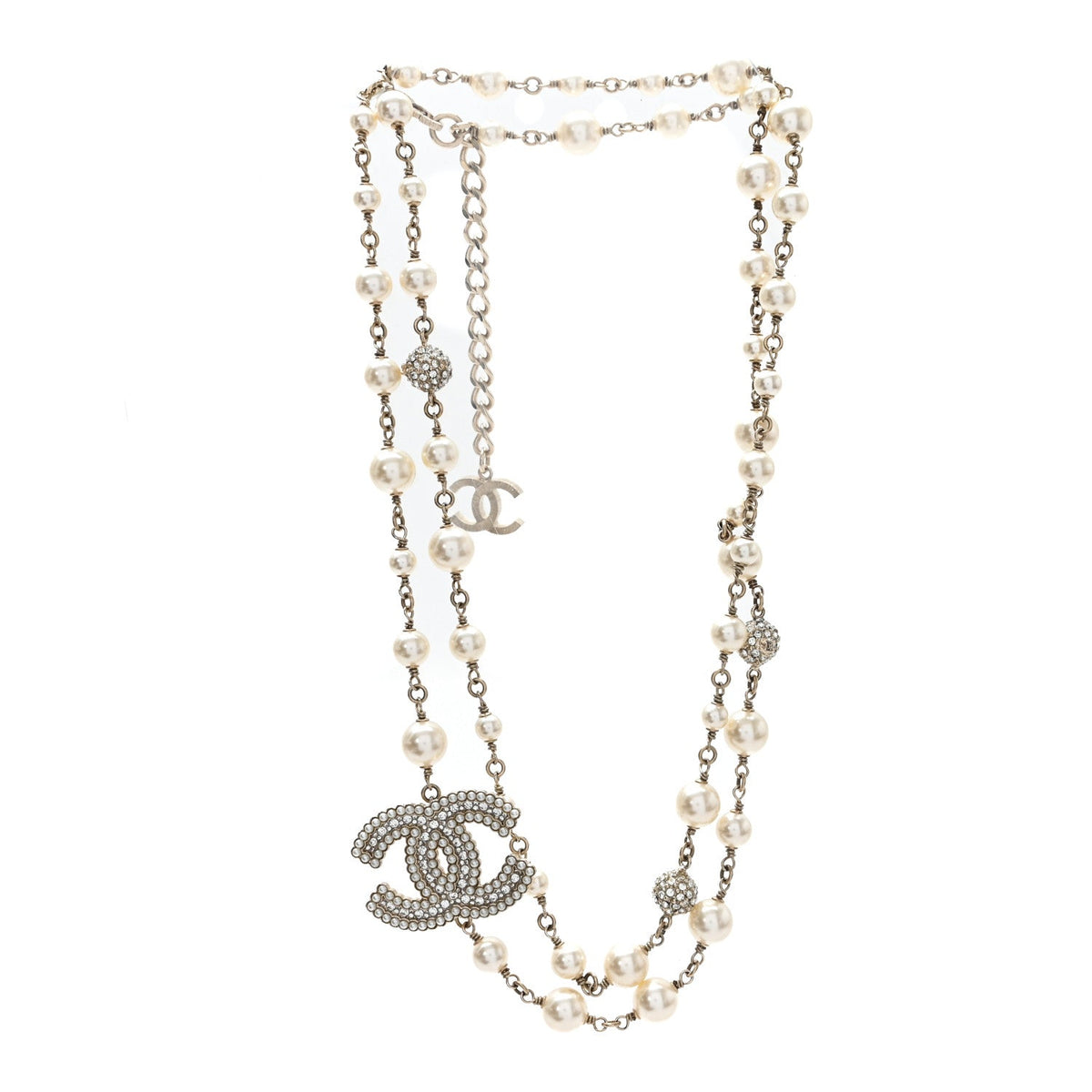 Graduated Pearl Crystal CC Long Necklace Gold Pearly White