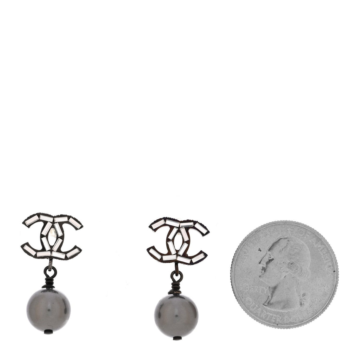 Ruthenium Pearl Crystal Baguette CC Drop Earrings Silver Grey