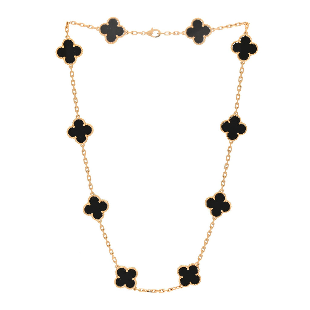 18K Yellow Gold Black Onyx 10 Motifs Vintage Alhambra Necklace