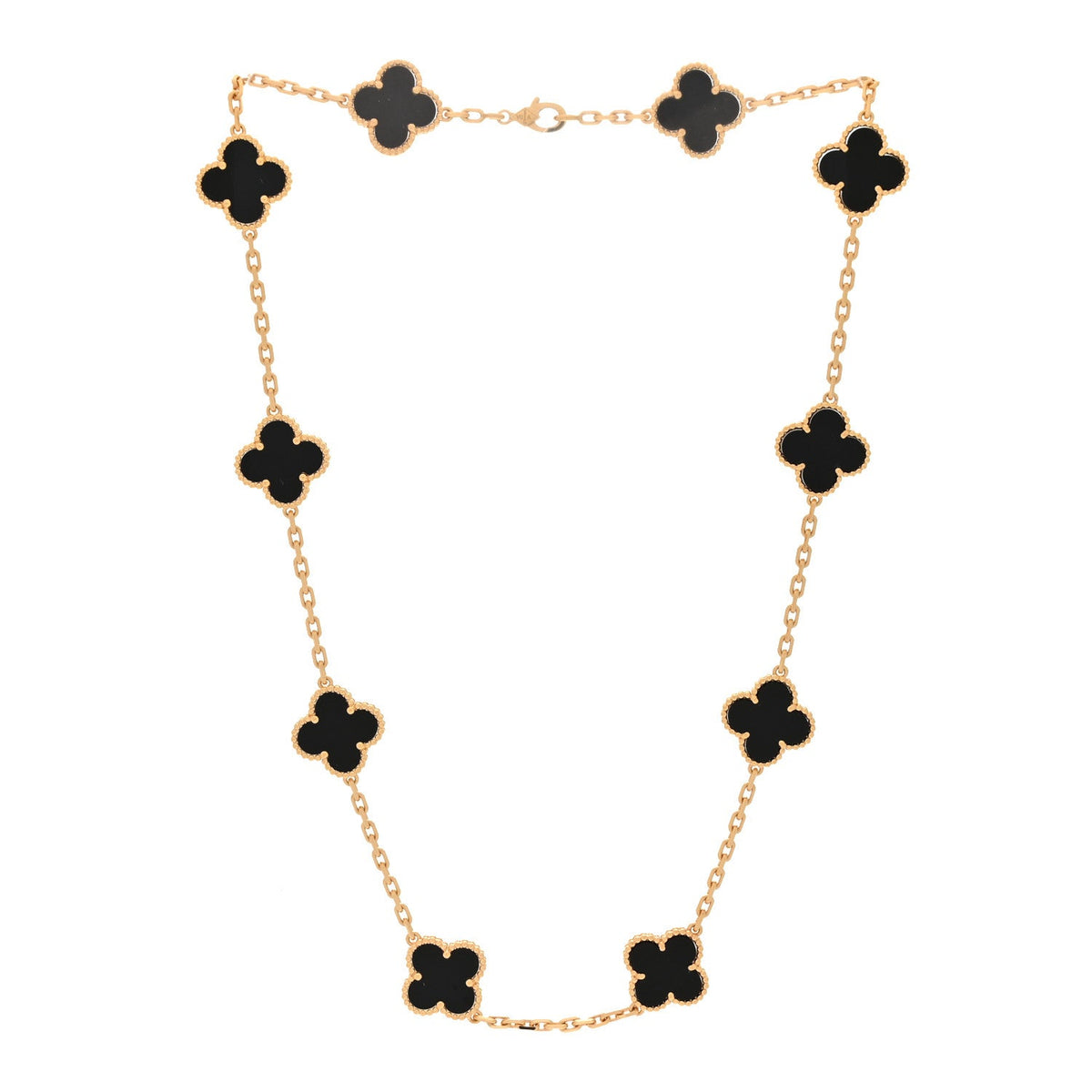 18K Yellow Gold Black Onyx 10 Motifs Vintage Alhambra Necklace