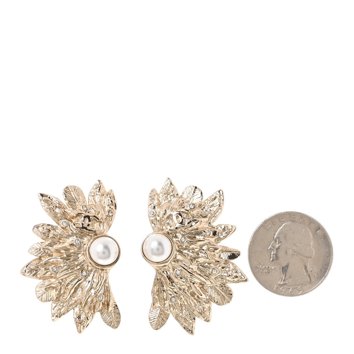 Metal Pearl Feather Clip On Earrings Gold