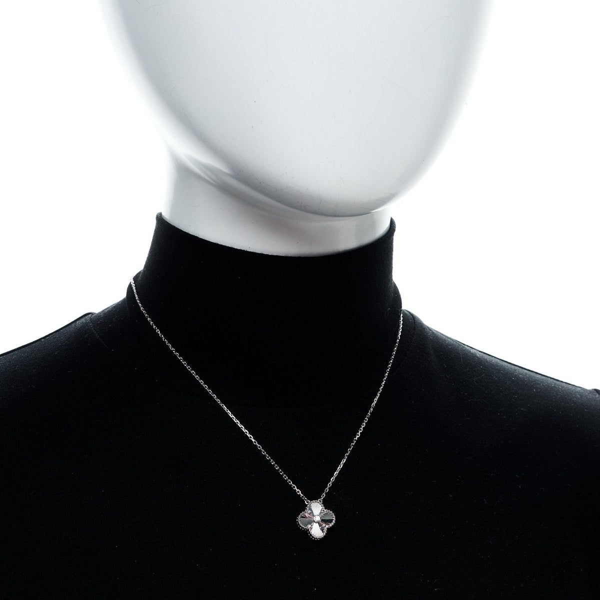18K White Gold Diamond Guilloche Vintage Alhambra Pendant Necklace