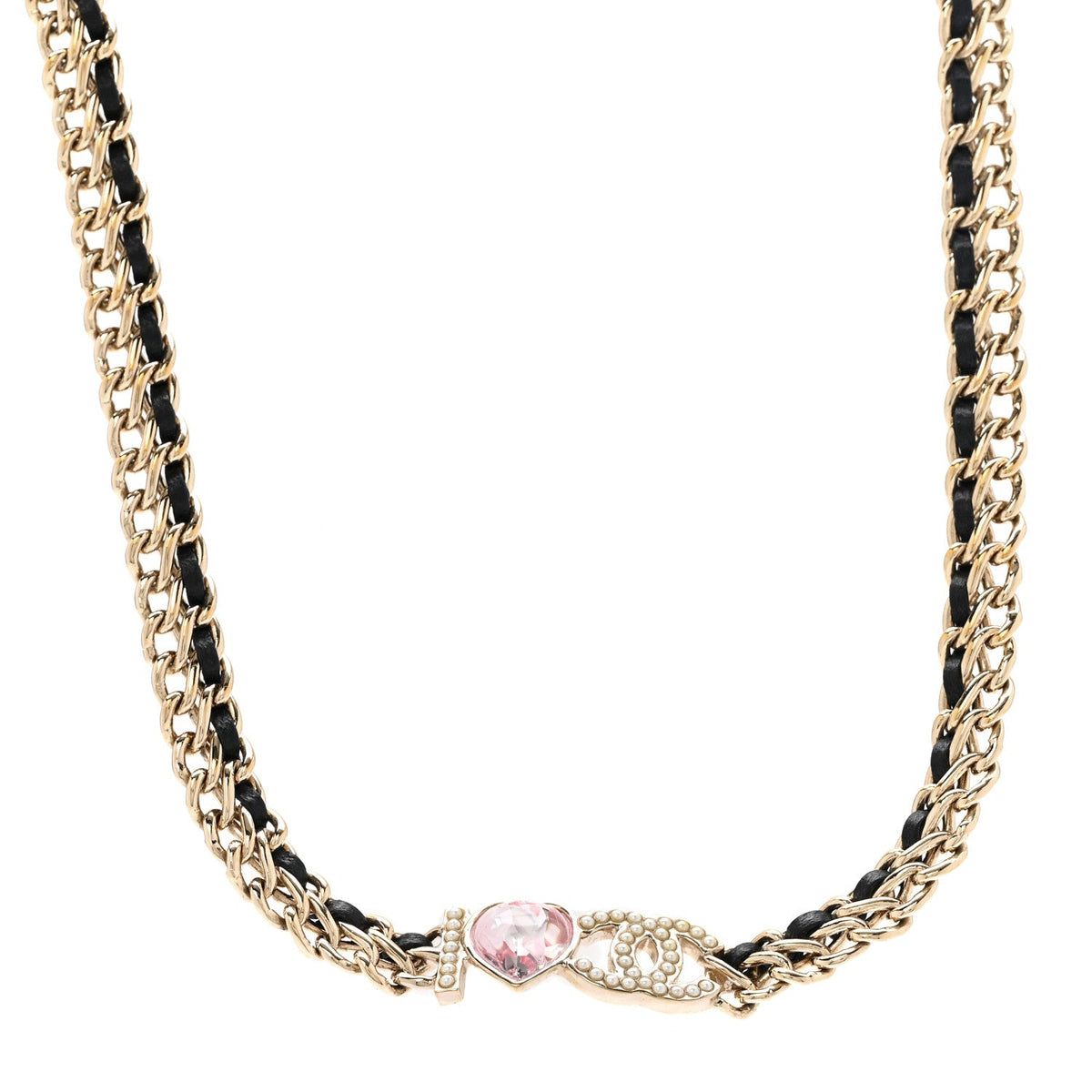Metal Lambskin Crystal I Heart CC Choker Necklace Gold Black
