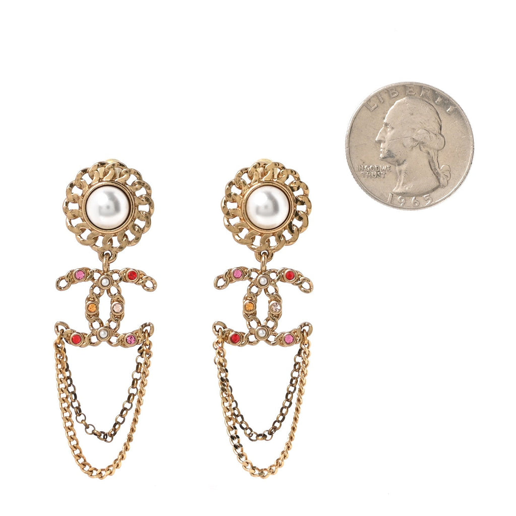 Pearl Crystal Chain Link CC Drop Earrings Gold Red Pink Yellow
