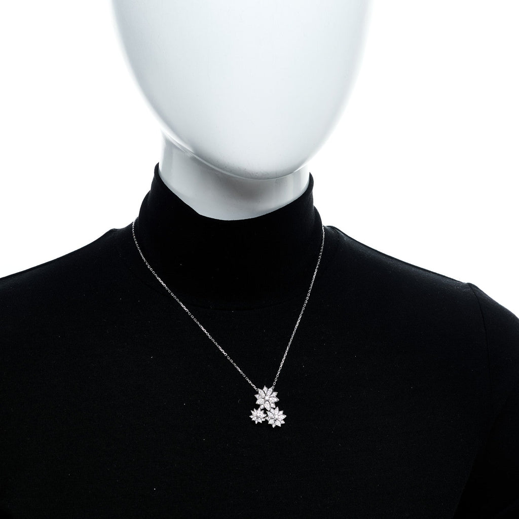 18K White Gold Diamond Lotus 3 Flowers Pendant Necklace