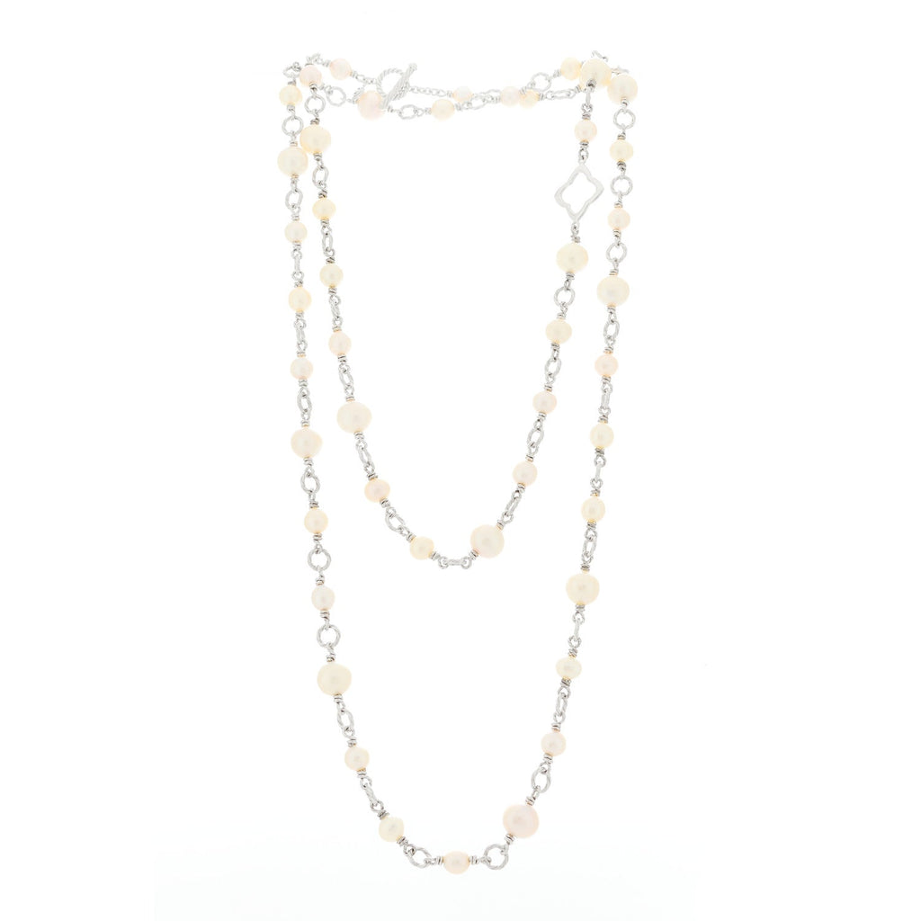 Sterling Silver Cultured Pearl Quatrefoil Long Chain Necklace