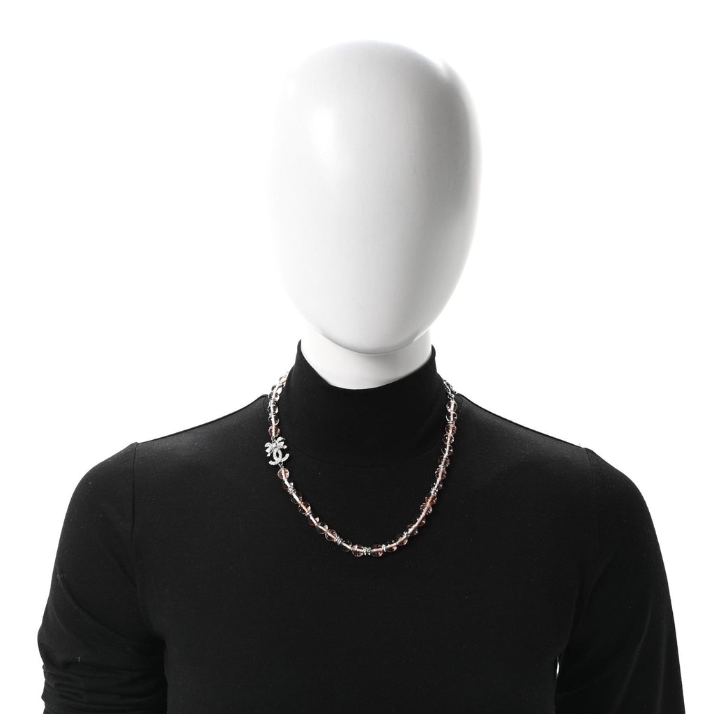 Metal Glass Strass Beaded CC Bow Necklace Silver Pink