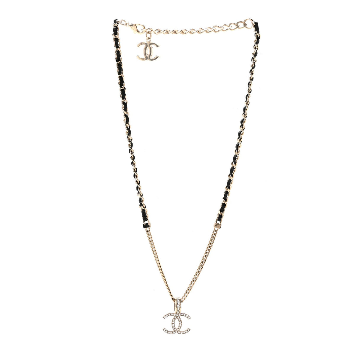 Lambskin Crystal CC Chain Pendant Necklace Black Gold
