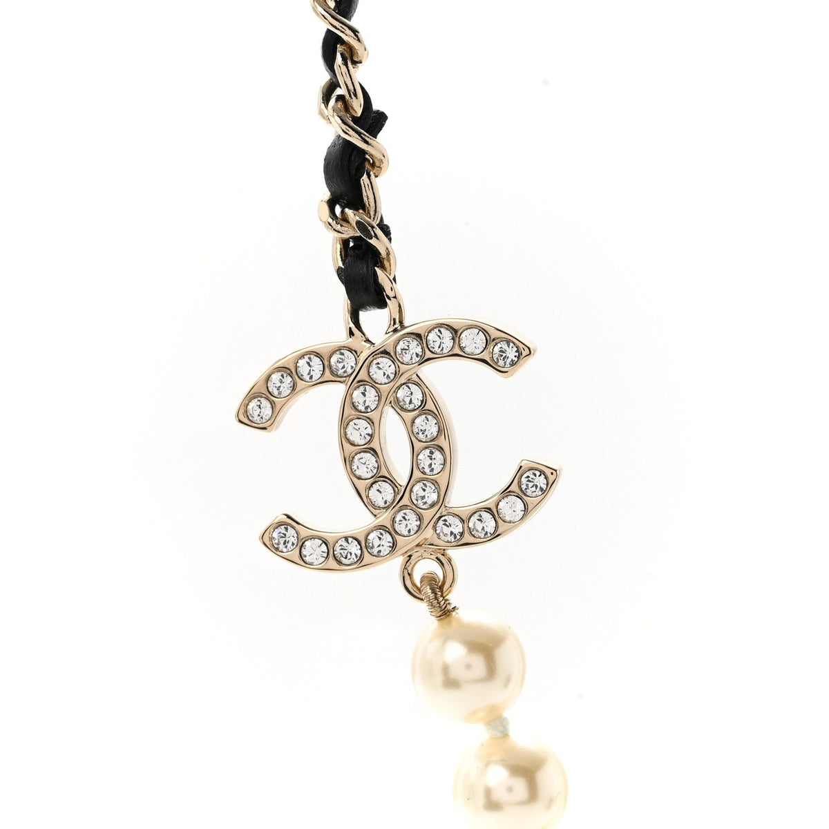 Lambskin Pearl Crystal CC Short Necklace Gold White Black