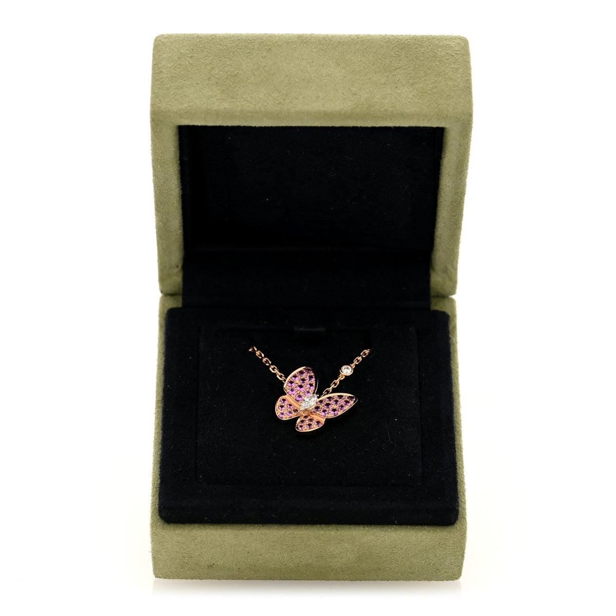 18K Rose Gold Diamond Pink Sapphire Two Butterfly Pendant Necklace