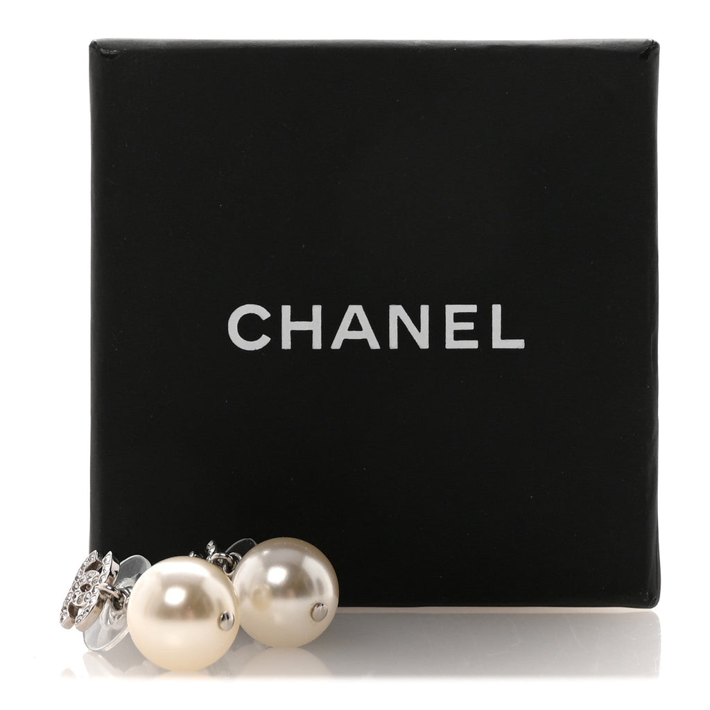 Crystal Pearl CC Drop Earrings Silver Pearly White