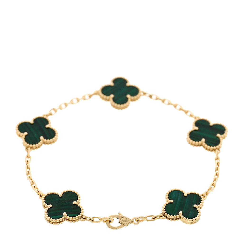 18K Yellow Gold Malachite 5 Motifs Vintage Alhambra Bracelet