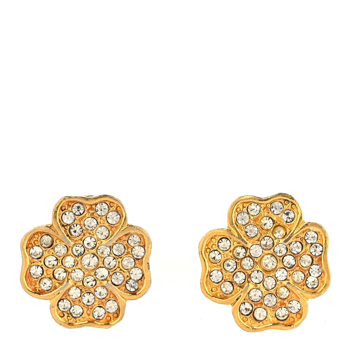 Metal Crystal Clover Clip On Earrings Gold