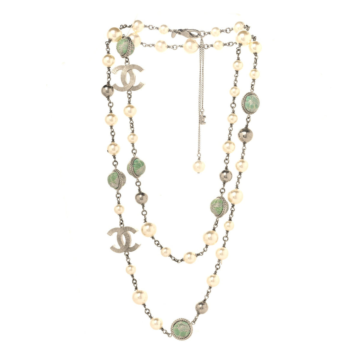 Pearl Beaded CC Long Necklace Silver Green