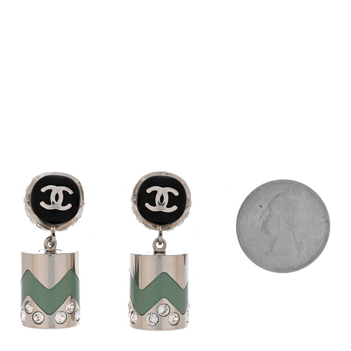Metal Resin Crystal CC Pendant Earrings Silver Black Green