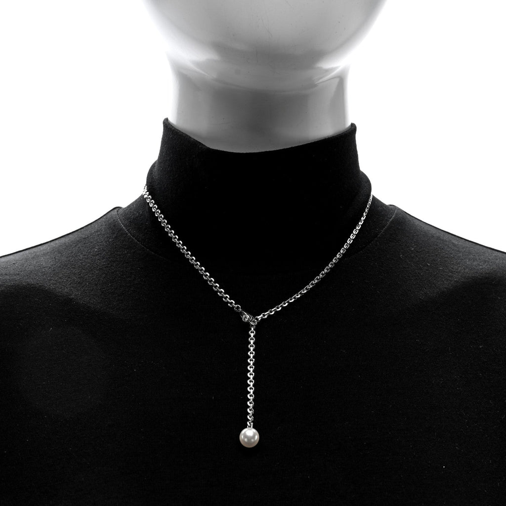 18K White Gold Diamond Pearl 8.5mm Lariat Pendant Necklace