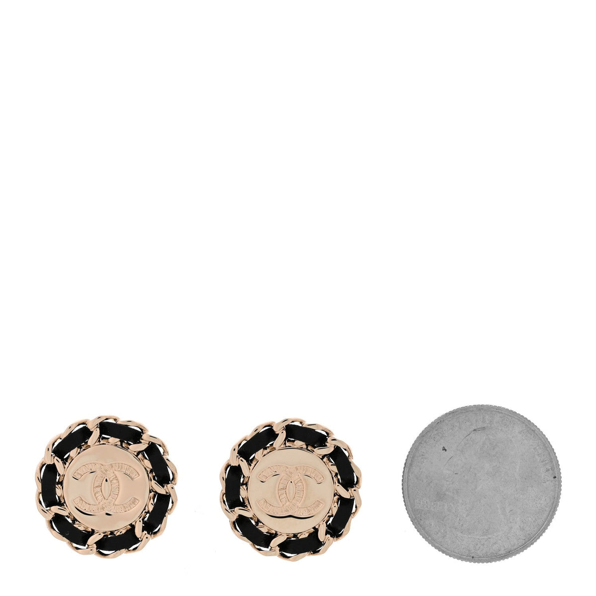 Crystal Lambskin Chain CC Stud Earrings Black Gold
