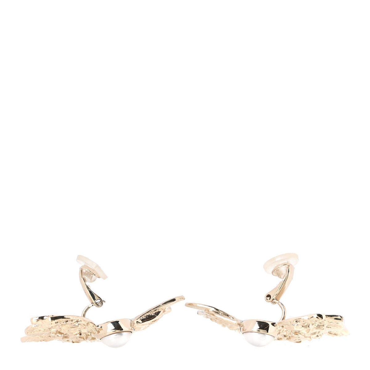 Metal Pearl Feather Clip On Earrings Gold