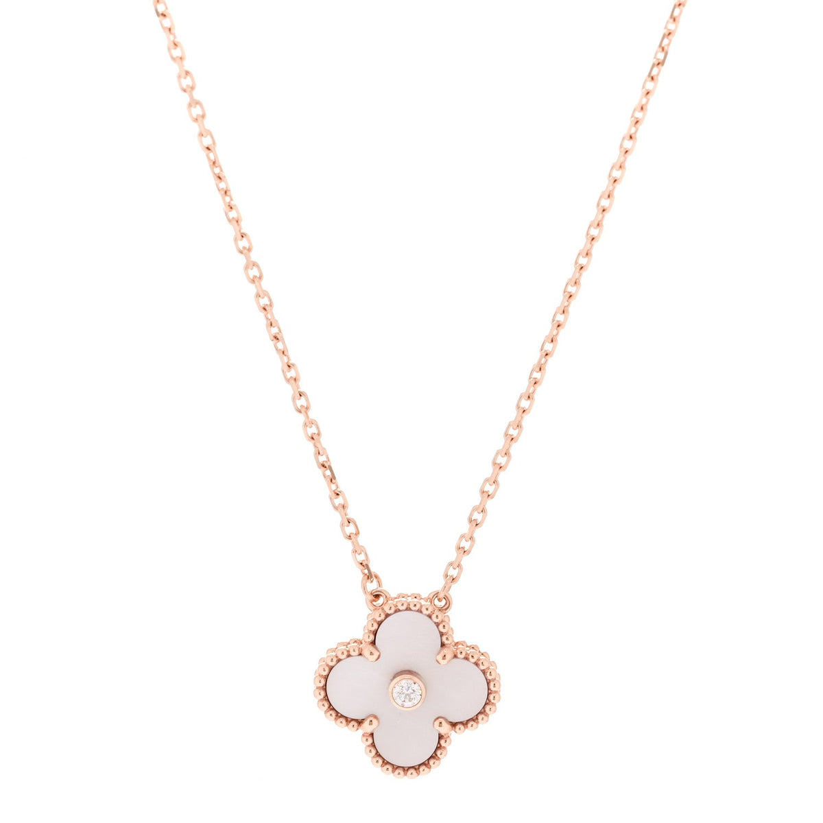18K Rose Gold Diamond Pink Mother of Pearl Vintage Alhambra Pendant Necklace