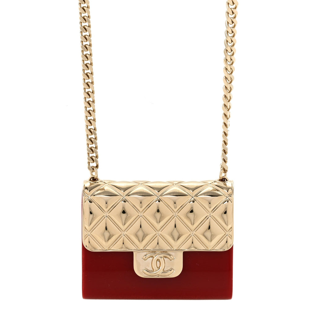 Metal Resin Flap Bag Long Necklace Gold Red