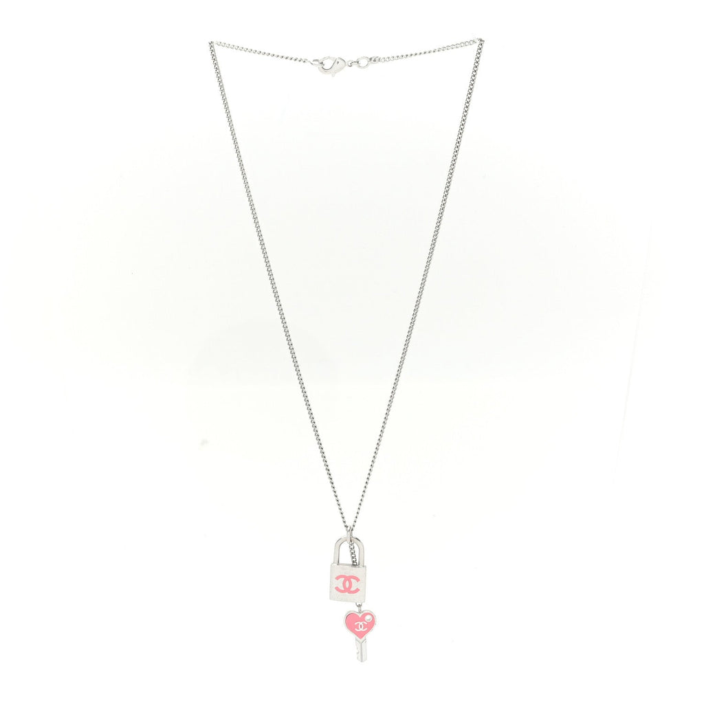 Enamel CC Padlock Heart Key Necklace  Silver Rose Salmon