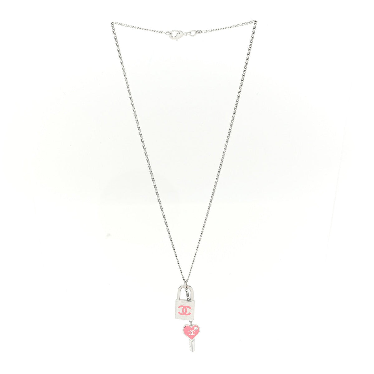 Enamel CC Padlock Heart Key Necklace  Silver Rose Salmon