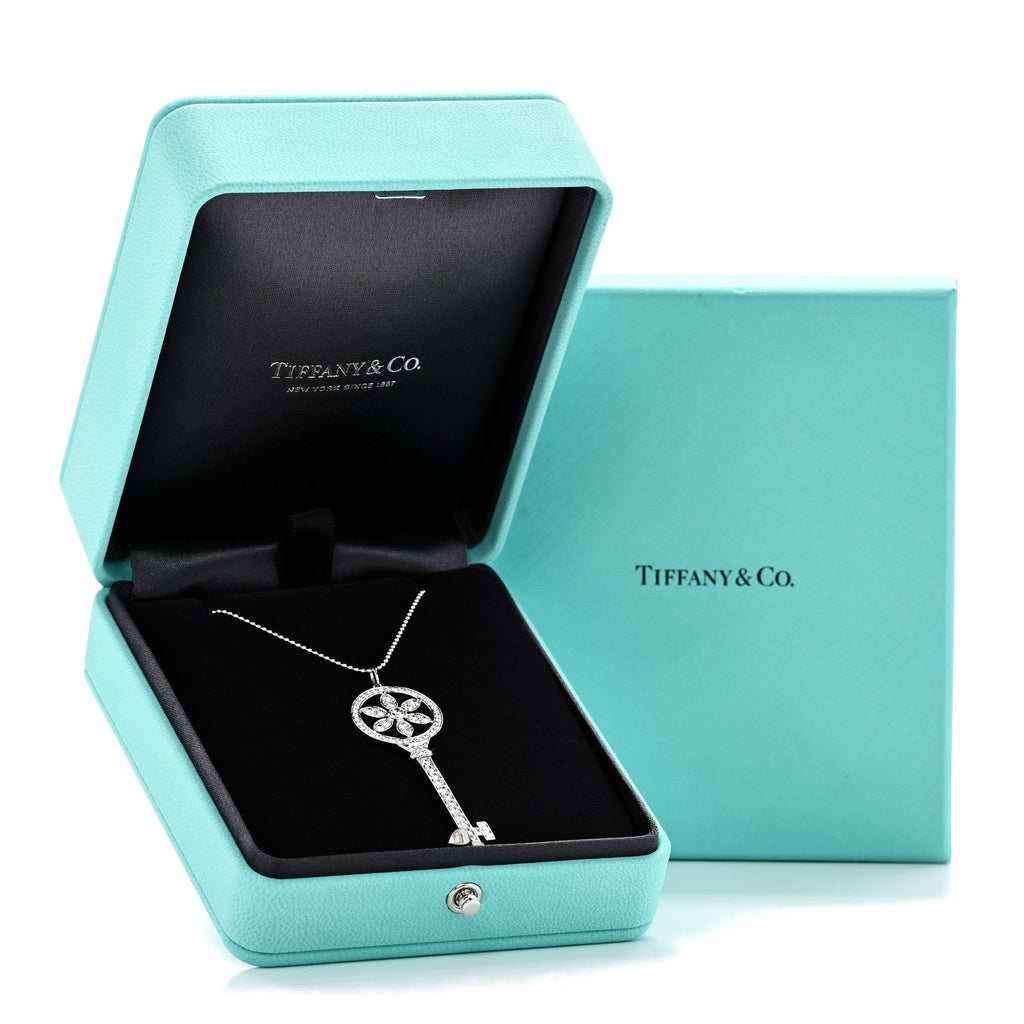 Platinum 18K White Gold Diamond Daisy Key Pendant Necklace