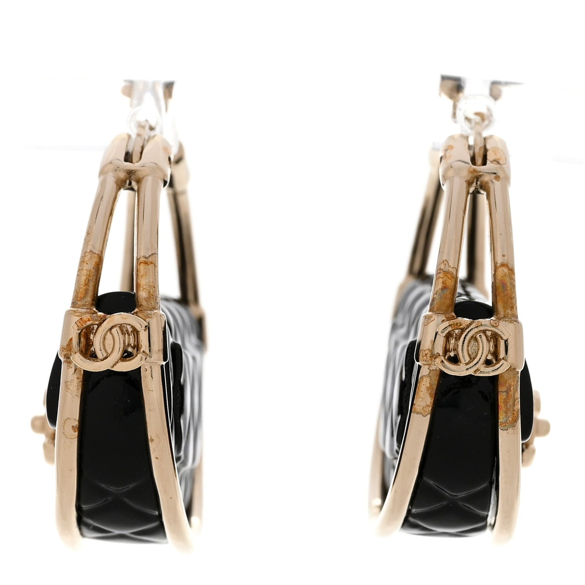 Metal Resin Quilted Flap Bag Hoop Earrings Black Gold