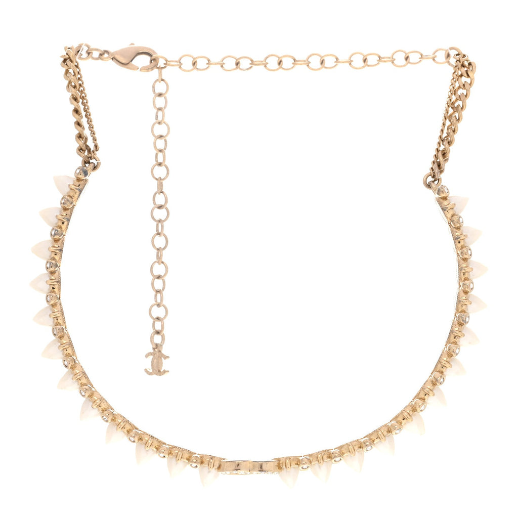 Spike Pearl Crystal CC Choker Necklace Gold Pearly White