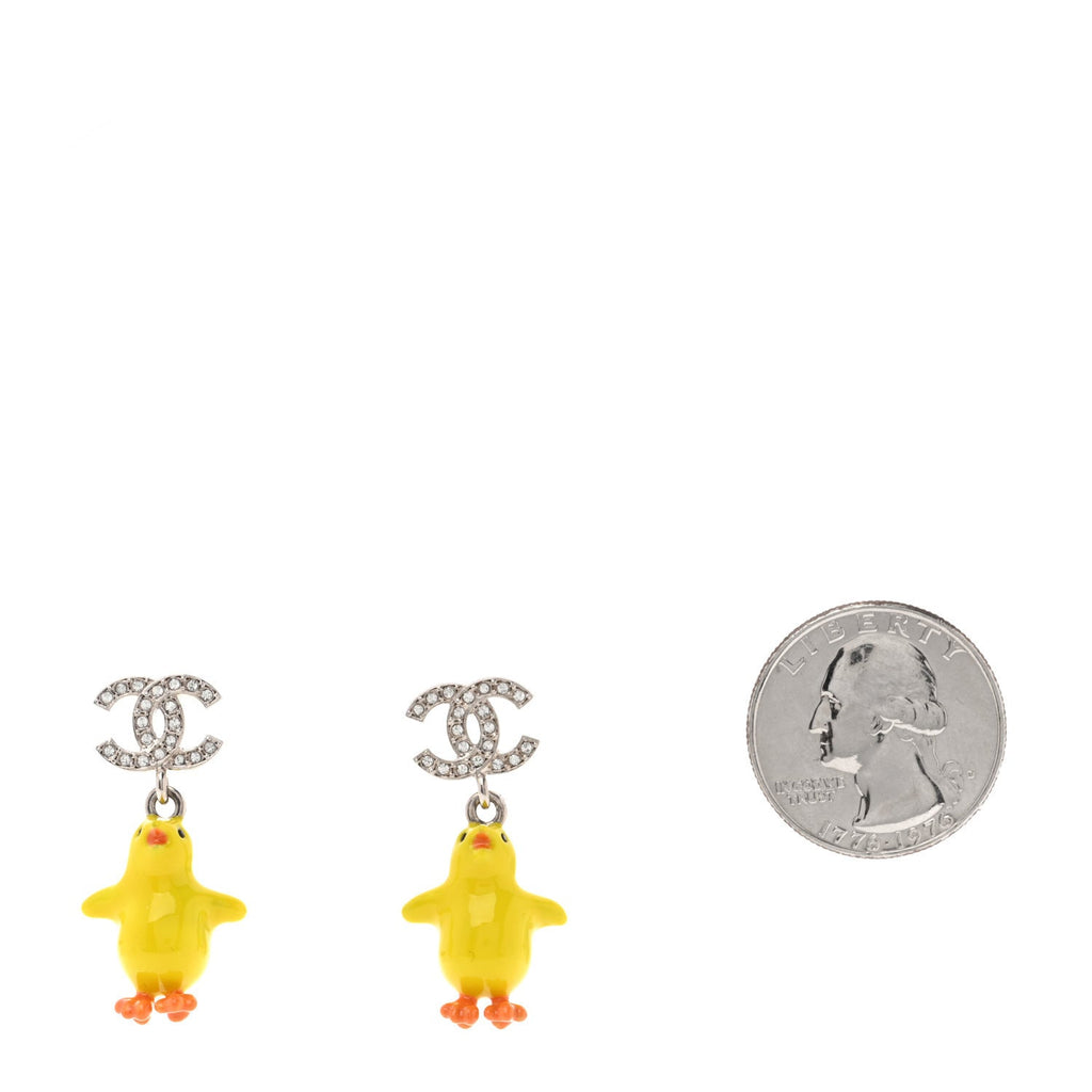Metal Resin Strass Crystal CC Baby Chick Pendant Earrings Silver Yellow Orange