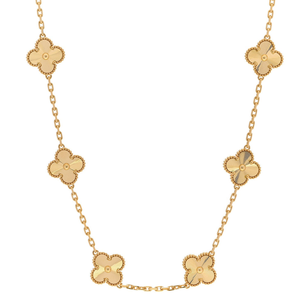 18K Yellow Gold 10 Motifs Guilloche Vintage Alhambra Necklace