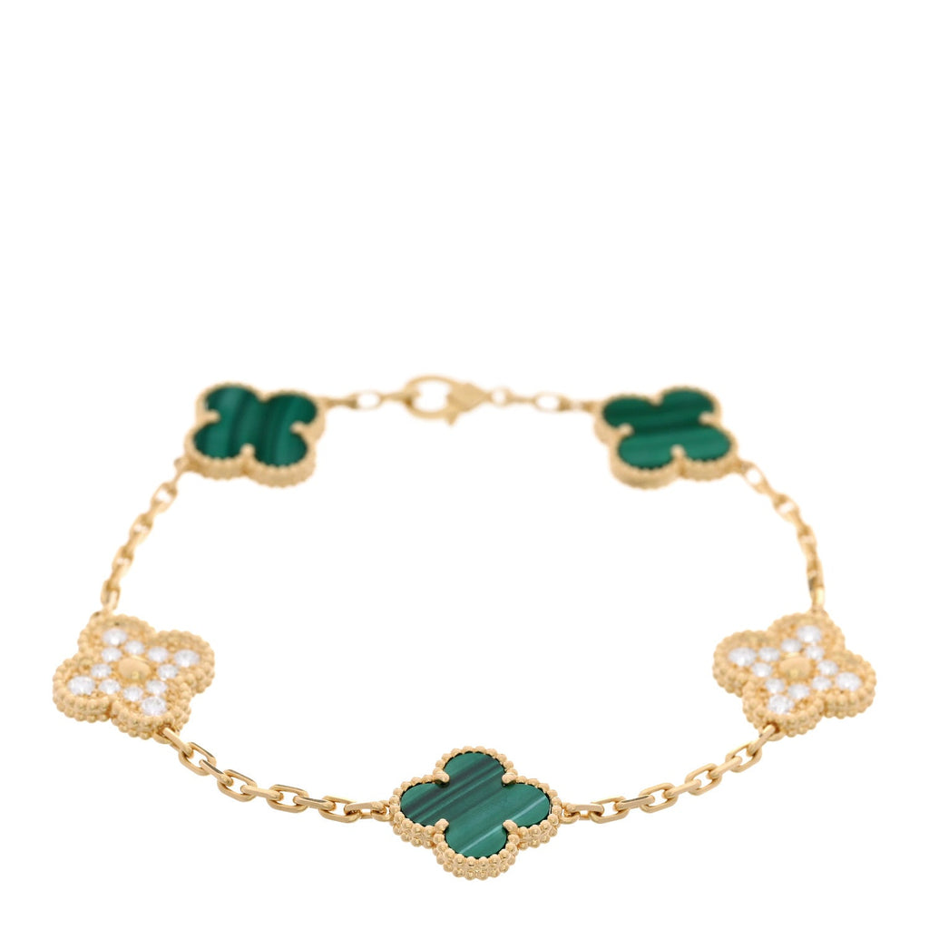 18K Yellow Gold Diamond Malachite 5 Motifs Vintage Alhambra Bracelet