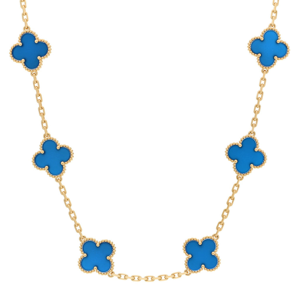 18K Yellow Gold Blue Agate 10 Motifs Vintage Alhambra Necklace