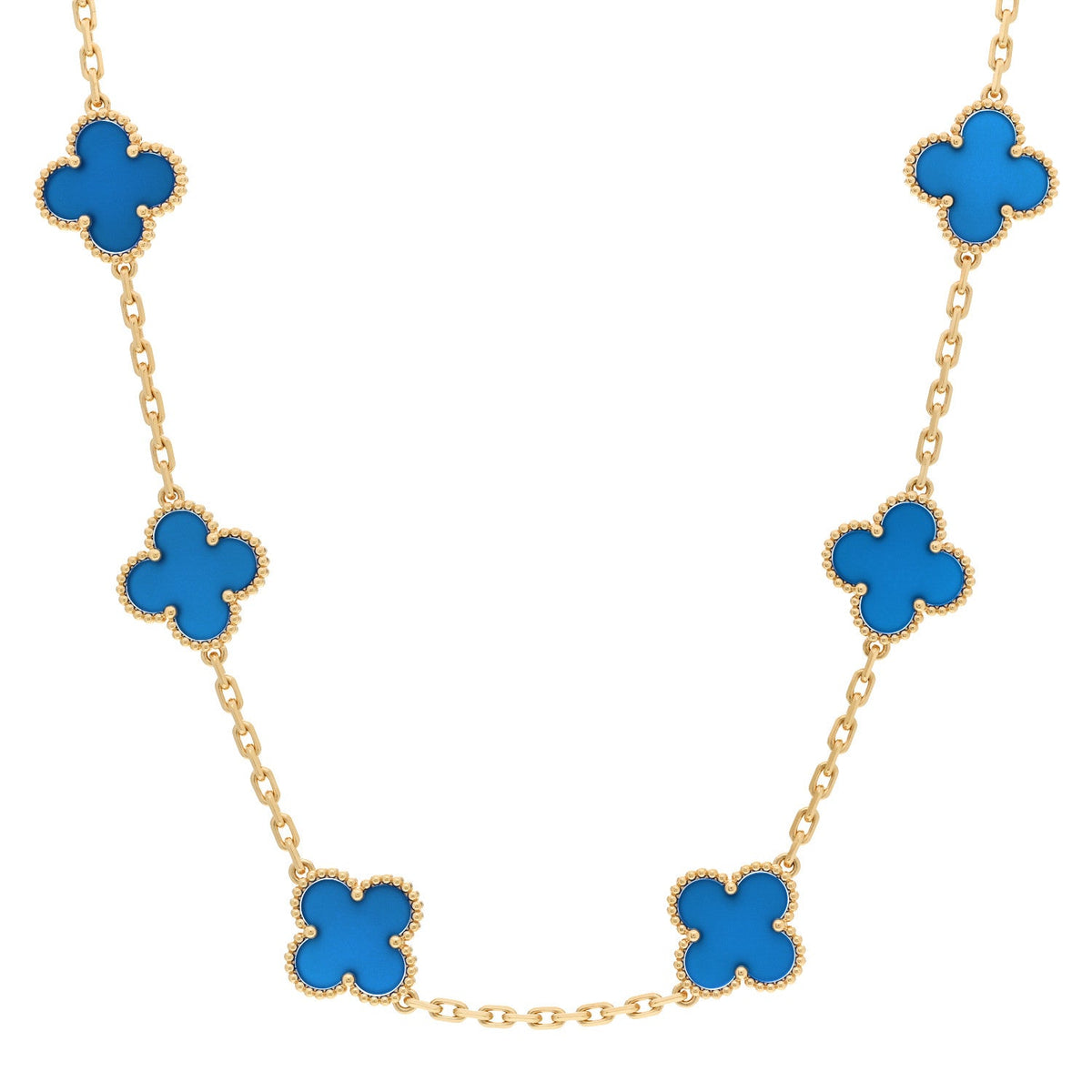18K Yellow Gold Blue Agate 10 Motifs Vintage Alhambra Necklace