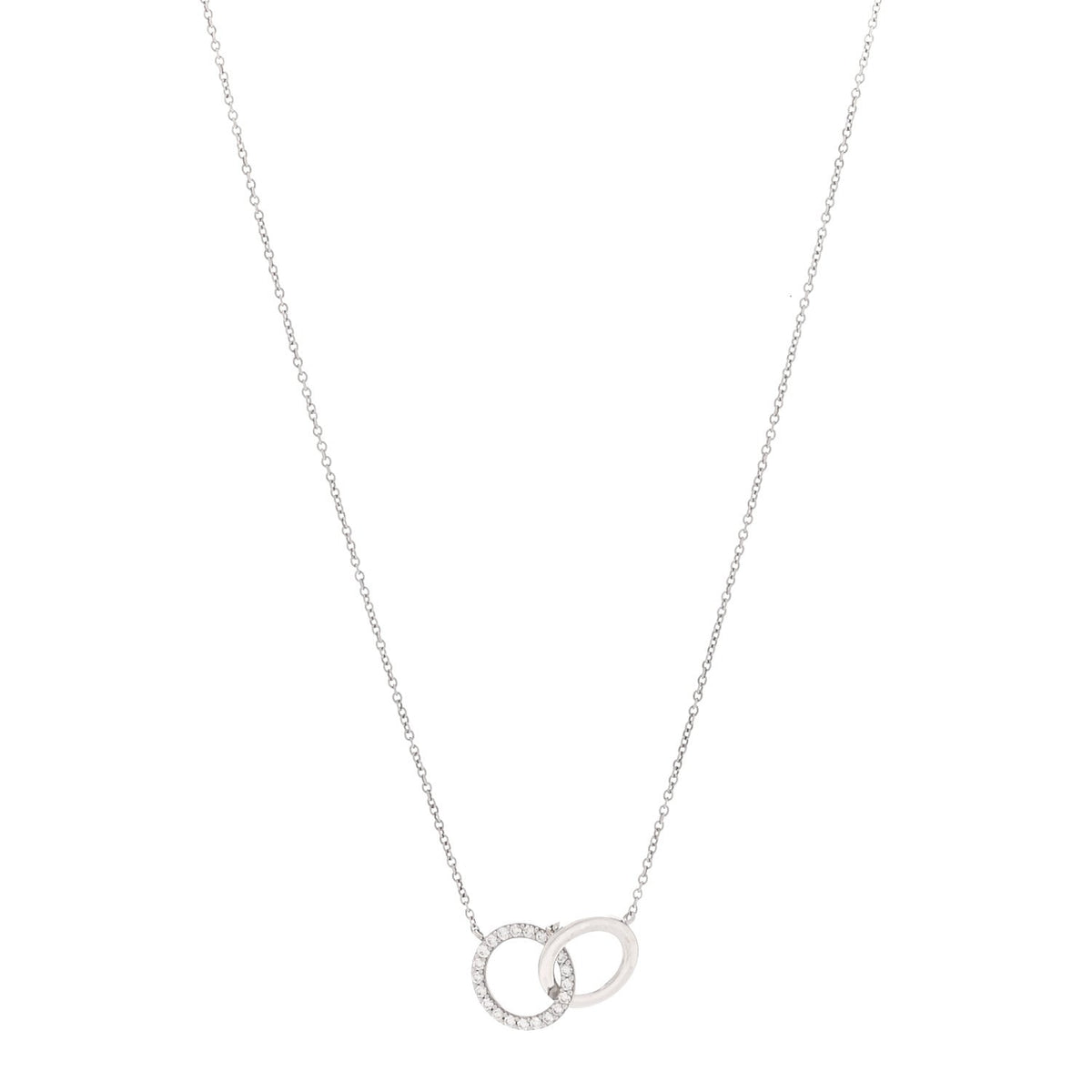 18K White Gold Diamond Double Interlocking Circles Pendant Necklace