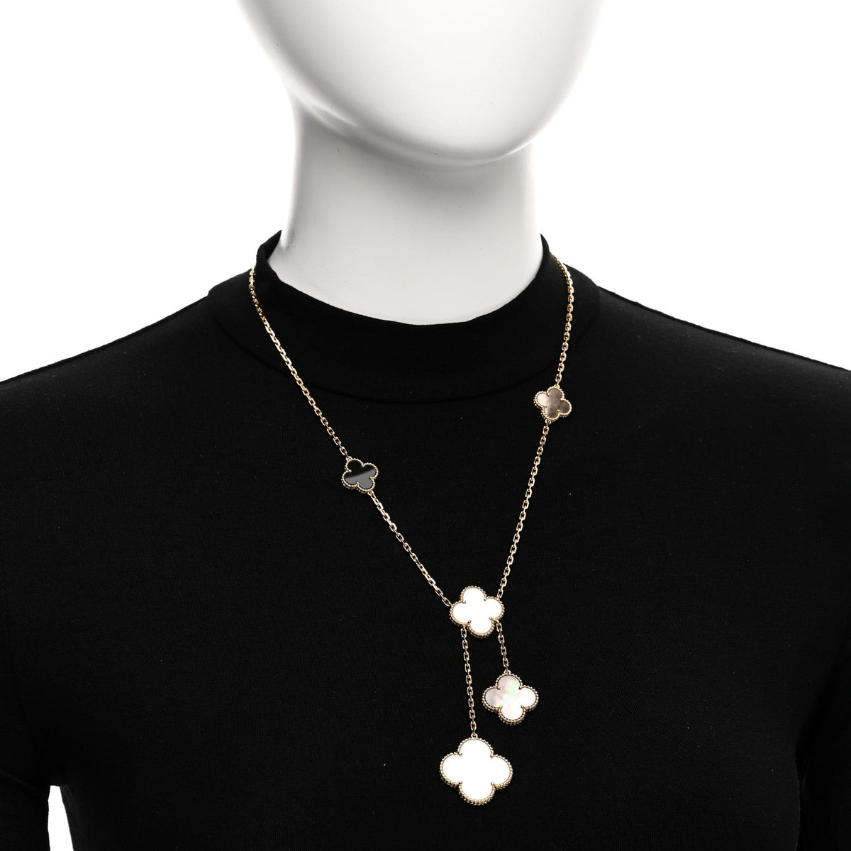 18K Yellow Gold Mother of Pearl Onyx 6 Motifs Magic Alhambra Necklace