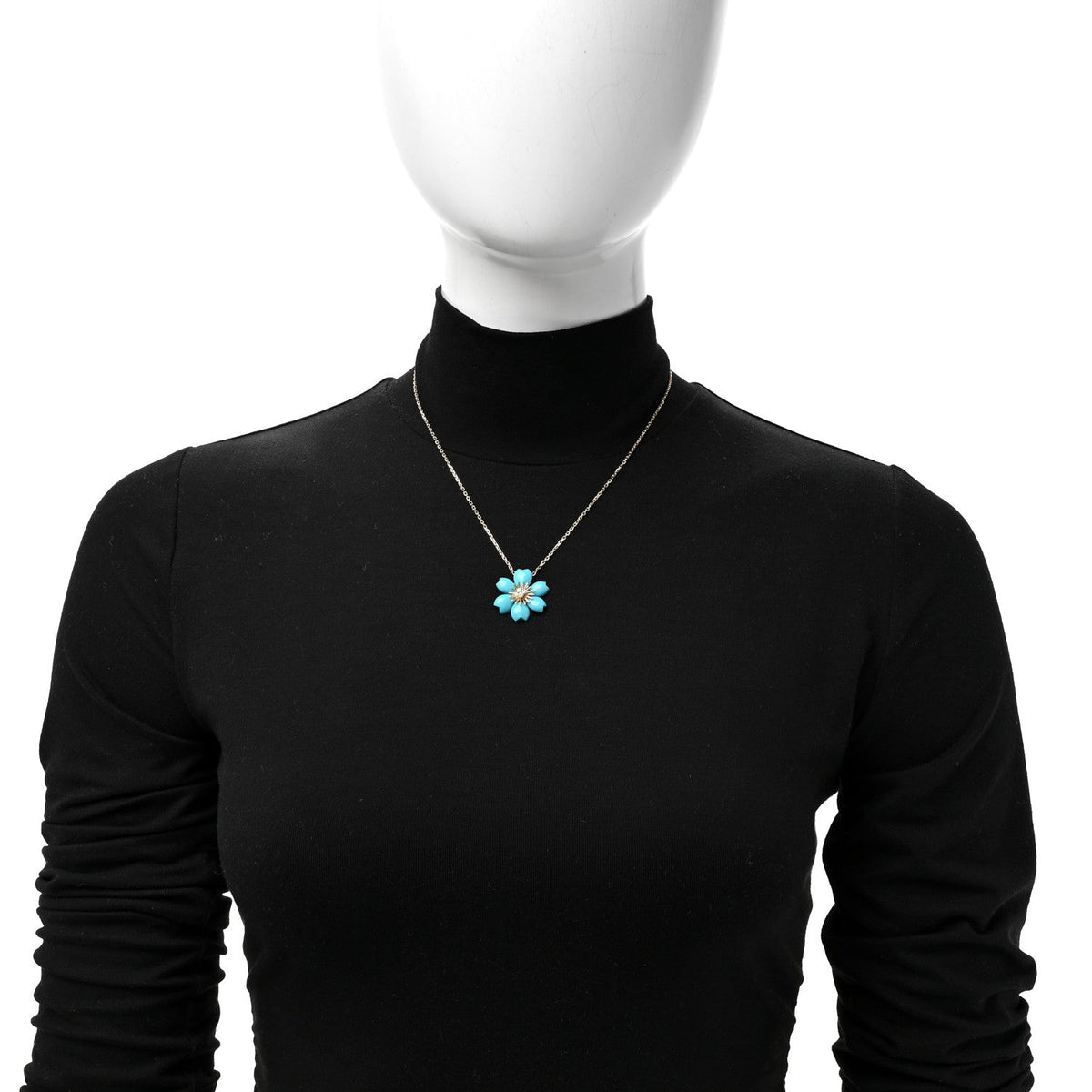 18K Yellow Gold Diamond Turquoise Mini Rose De Noel Pendant Necklace
