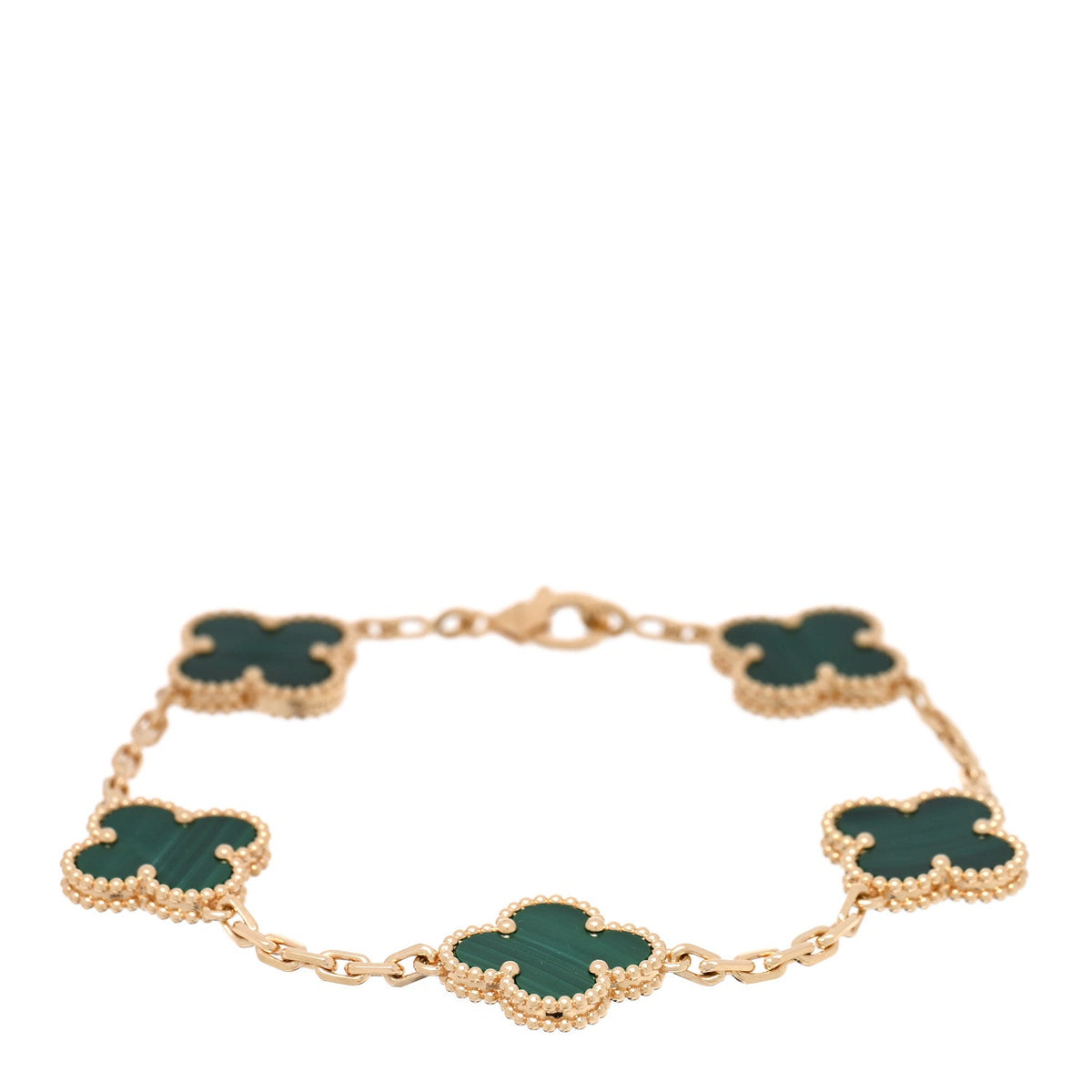 18K Yellow Gold Malachite 5 Motifs Vintage Alhambra Bracelet