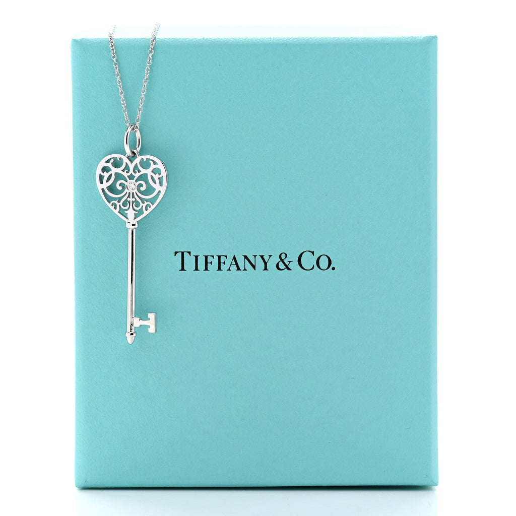 18K White Gold Diamond Enchant Heart Key Pendant Necklace