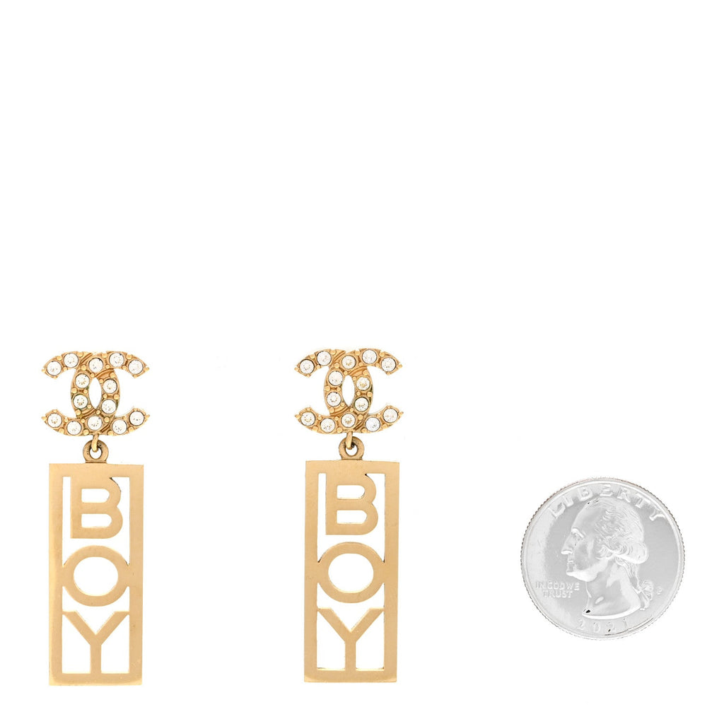 Metal Crystal CC Boy Drop Earrings Gold