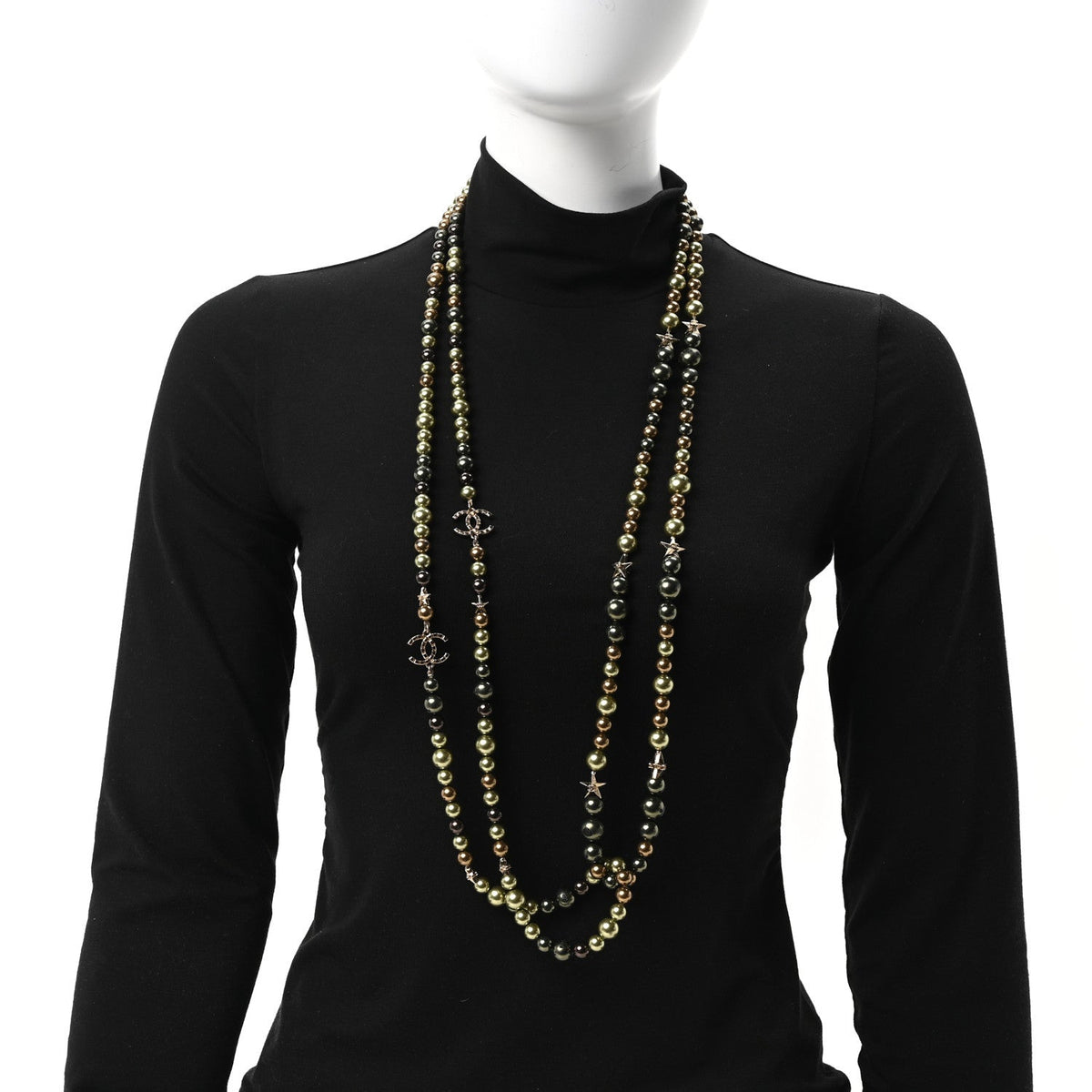 Pearl Star CC Multi Strand Long Necklace Green Gold