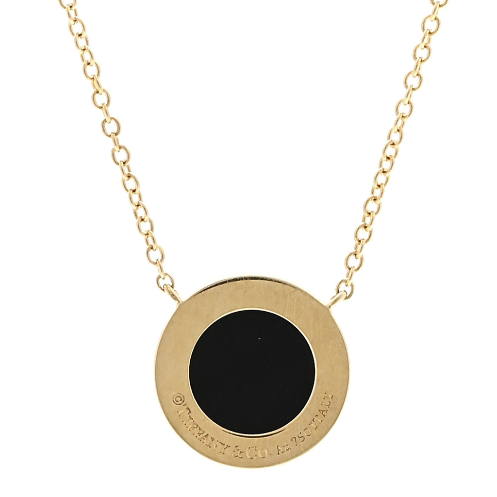 18K Yellow Gold Diamond Black Onyx Small T Circle Pendant Necklace