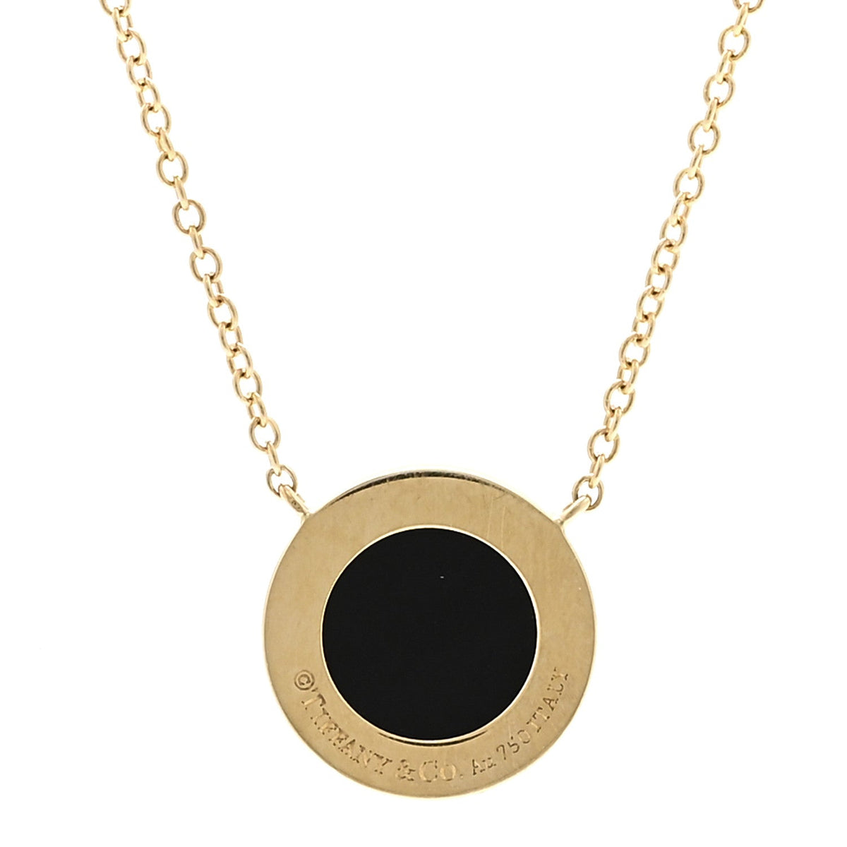 18K Yellow Gold Diamond Black Onyx Small T Circle Pendant Necklace